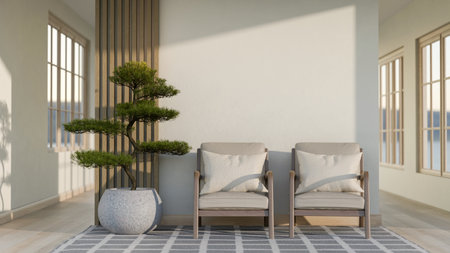 Two armchairs and a bonsai pot placing near the wall in the middle of a wooden floor corridor in...
