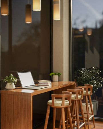 Laptop on wooden counter and stool chair with books aside at room corner with glass wall of cafe or restaurant. 3d rendering, 3d illustrations.の写真素材