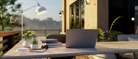 Laptop on wooden counter with lamp and books aside at the sunlight terrace or balcony of a cafe or restaurant. 3d rendering, 3d illustrations.の写真素材