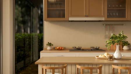Breads on plate and a glass of coffee with flower vase on wooden counter with chairs in a kitchen or...