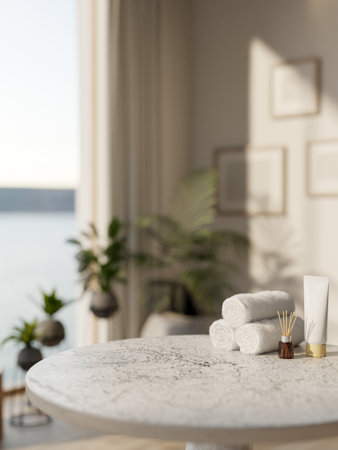 White towel with diffuser and lotion tube aside on grey marble stool table in a wellness spa or bathroom. Body Relaxing, 3d rendering, 3d illustration.の写真素材
