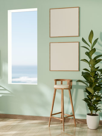 Wooden stool chair under blank photo frame near rectangular hole in green mint wall along the corridor. Cool tone paint.の写真素材