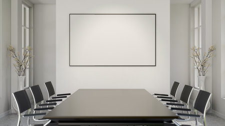 Large blank frame or white board or a screen hanging on wall over a long black table and swivel chairs in meeting room. 3D rendering, 3D Illustration.の写真素材