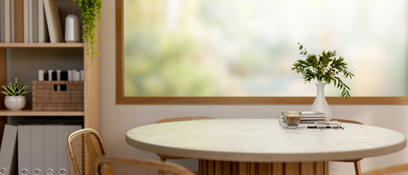 Coffee cup with books on a round wooden table next to the large window with scenery outside the cafe. Working or Study. 3d Rendering, 3d Illustration.の写真素材