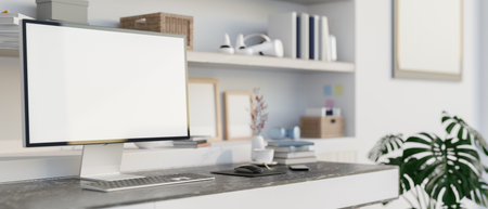 Blank screen computer and books on black marble table in front of a display shelf in white wall room. Working or study, 3D rendering, 3D Illustration.の写真素材