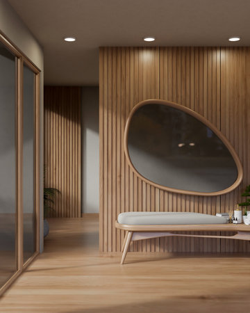 Oval shape mirror on wall over a wooden cushion bench. 3D rendering, 3D Illustration.の写真素材