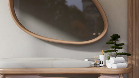 Close up of towels and essentials with bonsai aside on wooden cushion bench under oval shape mirror at spa massage shop. 3D rendering, 3D Illustration.の写真素材
