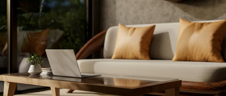 Laptop on wooden table in front of a cushion sofa or armchair in a living room with glass door at night. Home Interior, 3D Rendering, 3D Illustration.の写真素材