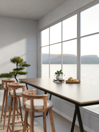 Bread on plate with coffee and potted plants atop books on wooden table with stool chairs in white cafe. Shop Interior, 3D rendering, 3D Illustration.の写真素材