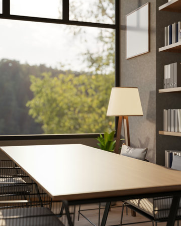 Long wooden table with metal armchairs near wall window aside standing lamp and bookshelf in...