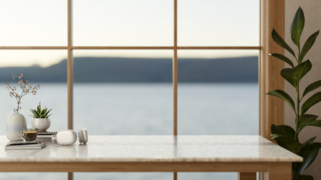 Headphones and coffee cup with books aside flower vase on marble table aside window with ocean view. Working or Study, 3D rendering, 3D Illustration.の写真素材