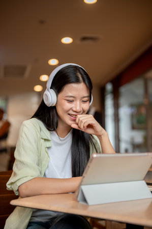 Asian woman student wearing headphones laughing as watching video on tablet at wooden table in a cafe. Online Entertainment, Modern tech, Urban Lifeの写真素材