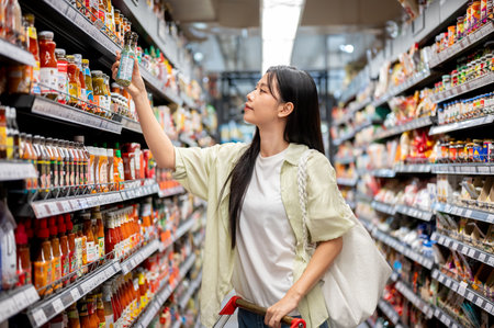 Chiang mai, Thailand - September 16th, 2025: A woman shopping taking product from supermarket shelf. Grocery Buying, Everyday Life.の写真素材
