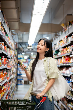 Chiang mai, Thailand - September 16th, 2025: A woman with shopping cart standing at supermarket shelf. Customer, Grocery Buying, Everyday Life.の写真素材