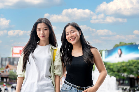 Pretty asian women best friends standing outdoor and posing to camera together under the blue sky. Casual Clothes, Clear weather, Urban City life.の写真素材