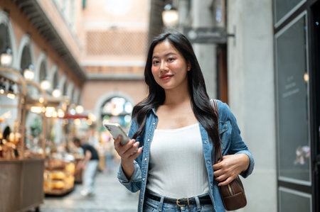 Asian woman holding phone and her bag while walking or standing in a shopping mall or indoor market. Travel Alone, Tourist Attractions, Memorable Trip.の写真素材