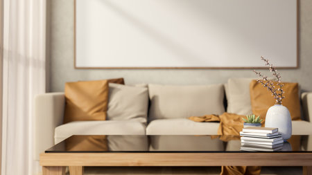 Books with flower vase and pot plant on glass top wooden table aside sofa in a sun lit living room. Earth tone color, Product Display, Cosy Atmosphere.の写真素材