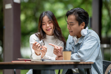 Young asian couple a man explaining about camera to a woman while sitting at outdoor table in cafe....