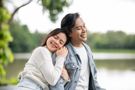Young asian couple cuddling a smiling woman hugging a man's arm while sitting outdoors in the park. Dating activity, Nature Healing, Chilling Outside.の写真素材