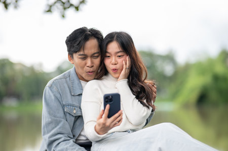 Young asian couple a man hugging woman taking selfie picture on phone while sitting outdoor in park. Dating activity, Nature Healing, Chilling Outside.の写真素材