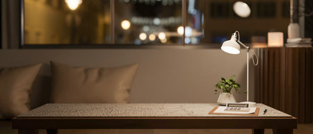 Calculator over clipboard with potted plant and lamp on marble table across sofa and window in dim...