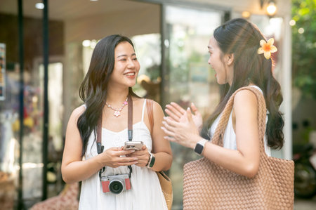 Pretty asian woman holding phone and looking at a talking friend while standing in front of a shop. Travel Trip, Tourist destination, Holiday Vacation.の写真素材