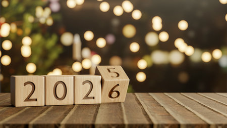 2026 new year wooden blocks calendar on table across string light decoration in cafe garden at...
