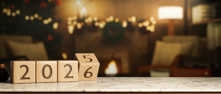 2026 new year countdown wooden block calendar on marble table across fireplace with Christmas...