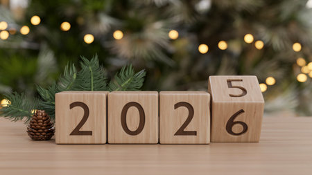 2026 new year countdown wooden blocks calendar and pinecone on counter table across Christmas tree....