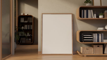 Large blank canvas frame laying on parquet floor leaning against wall next to stylish bookshelf in...