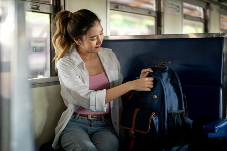 Pretty asian woman opening or zipping up her bag checking belonging as sitting on carriage bench at train station. Thailand Railway, Tourist Transport.の写真素材