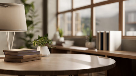 Books and potted plants with lamp aside on round wooden table in a living room or cafe with glass...
