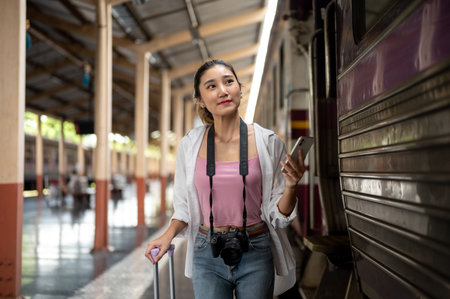 Pretty woman holding phone looking at a carriage while dragging luggage on train station platform....