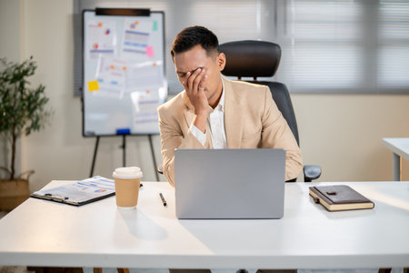 Asian businessman with a hand covering his face getting headache after working too long on laptop at...