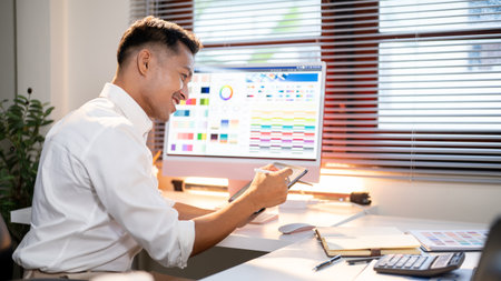 Happy asian man designer holding tablet looking at color chart while sitting with computer and...