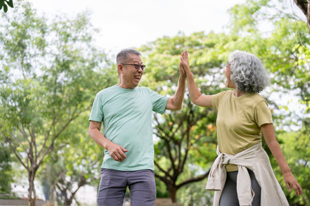 Glasses old man and woman clapping their hands or high five after exercise or workout together in...