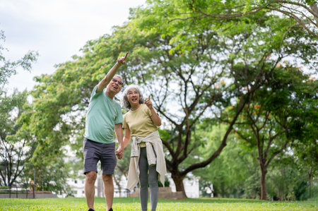 Glasses old man standing holding old woman hands and pointing away on grass lawn in the the park. Elderly couple, Green Nature, Chilling Outdoor.の写真素材