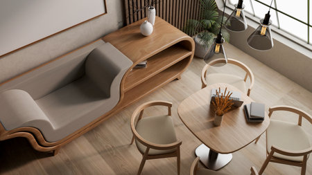 Top view of a living room with lamps above wooden table and chairs set aside multifunctional armchair. Working or Study, 3d Rendering, 3d illustration.の写真素材