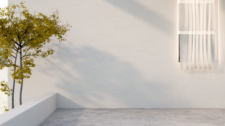 Window and sheer curtain on white wall and cement concrete floor of loft style modern house or office company building. 3D Rendering, 3D Illustration.の写真素材