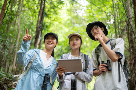 Tourist man woman friend group holding tablet and looking pointing ahead while hiking or trekking in...
