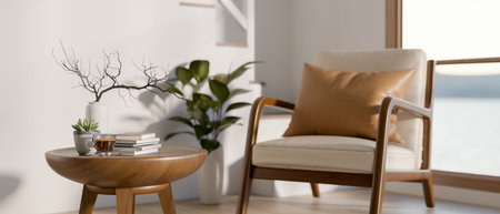 Wooden armchair and side table beside white wall and staircase in modern house or office building....