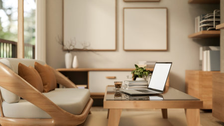 Blank screen laptop and coffee on glass top table and wooden sofa aside shelf in living room. Cosy Interior, Ad Mockup, 3D rendering, 3D Illustration.の写真素材