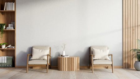 Wooden armchair and tree stump table aside white wall on parquet floor in sunlit room of a modern house. Cosy Interior, 3D Rendering, 3D Illustration.の写真素材