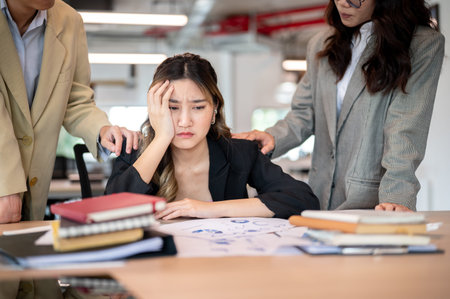 Upset asian businesswoman resting head on one hand while getting comfort at working table in office. Employment, Corporate jobs, Modern company.の写真素材