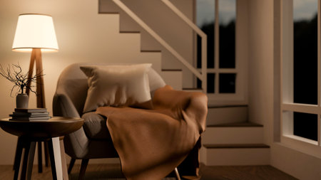 Leather armchair with cushion and blanket with side table under high floor lamp's light in a dim room. Cosy furniture, 3D Rendering, 3D Illustration.の写真素材