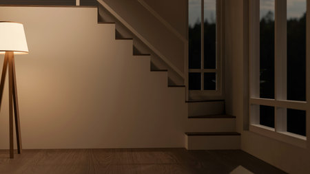 High floor lamp on wooden parquet floor illuminating on a wall and stairs in a dim room or corridor. Empty Room, 3D Rendering, 3D Illustration.の写真素材