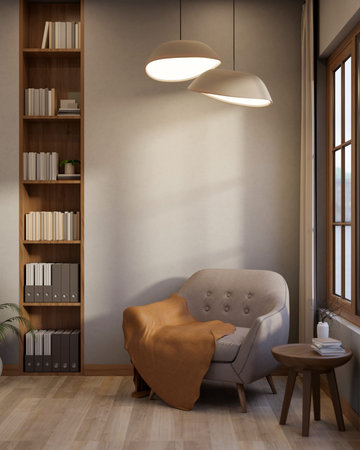 Sofa chair with blanket and side table under ceiling lamps aside bookshelf on wooden parquet floor. Relaxing corner, 3D Rendering, 3D Illustration.の写真素材