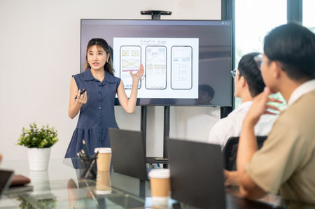 Asian woman holding pen presenting mobile app design on monitor to coworkers in an office meeting....