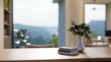 Vase and glasses atop book on wooden table in a room with window wall and mountain scenery terrace....