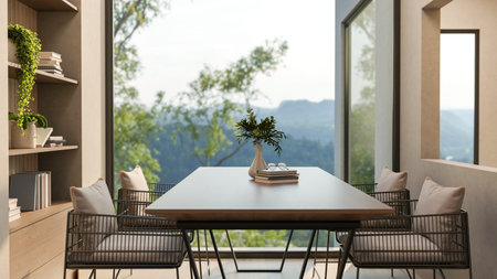 Vase and books on wooden table and metal armchairs in a room with window wall and mountain scenery....